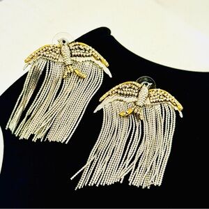 BIRDS OF GLAM | Rhinestone & Silver Fringe Bird Statement Earrings | NWT